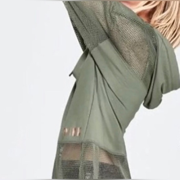 ❌SOLD❌ VS PINK FISHNET MESH HIGH LOW HOODIE SWEATSHIRT OLIVE GREEN & ROSE GOLD - Picture 2 of 8